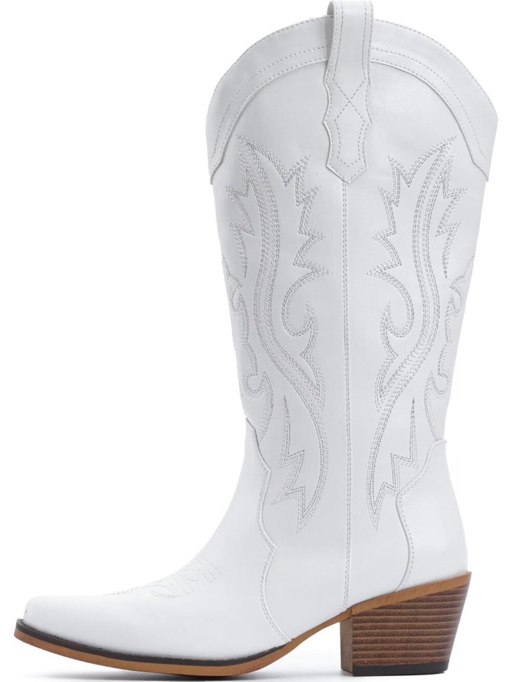 Women's White Rubber Mid Calf Embroidered Stitched Pointed Toe Chunky Heel Boots - Picture 4 of 5